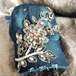 Denim Jeans Baseball Cap Ladies Women's Distressed Lace Applique Rhinestones NEW